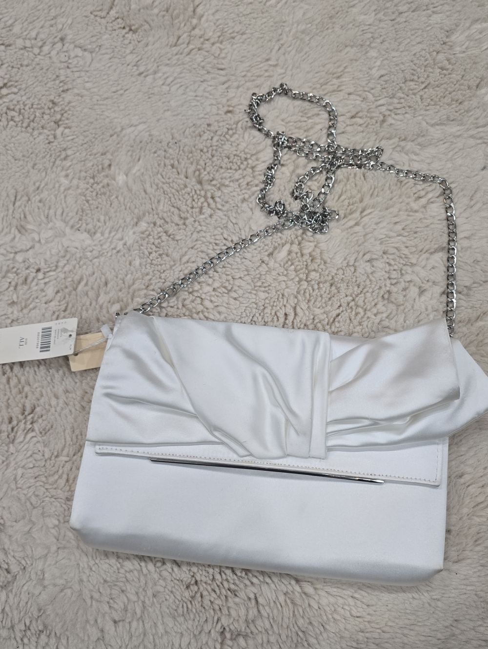 Anthropologie White Satin Clutch with Silver Chain